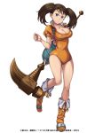  1girl absurdres boots breasts brown_hair cleavage diane_(nanatsu_no_taizai) full_body gloves hammer highres holding holding_weapon large_breasts leotard long_hair looking_at_viewer nanatsu_no_taizai official_art orange_leotard puffy_sleeves short_sleeves simple_background smile solo twintails violet_eyes weapon white_background 