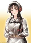  1girl black_hair blush bow breasts brown_eyes commentary_request eyebrows_visible_through_hair fish food gradient gradient_background hair_bow holding holding_plate juurouta kantai_collection kappougi long_hair long_sleeves looking_at_viewer medium_breasts open_mouth plate remodel_(kantai_collection) shouhou_(kantai_collection) side_ponytail smile solo twitter_username 