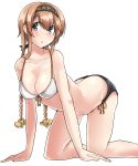  1girl absurdres all_fours ass bikini black_bikini blush braid breasts butt_crack cleavage collarbone hair_between_eyes hair_ornament headband highres kantai_collection kiritto light_brown_hair long_hair looking_at_viewer medium_breasts parted_lips propeller_hair_ornament side-tie_bikini simple_background smile solo swimsuit teruzuki_(kantai_collection) twin_braids white_background white_bikini 