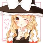  1girl artist_name blonde_hair blush border bow braid closed_mouth commentary_request eyes_visible_through_hair finger_to_mouth hair_bow hat hat_bow heart highres kirisame_marisa long_hair one_eye_closed pink_border red_bow shiki_(s1k1xxx) signature simple_background smile solo touhou white_bow witch_hat yellow_eyes 