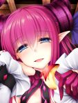  1girl apple blue_eyes commentary_request curled_horns dragon_girl dragon_horns elizabeth_bathory_(fate) elizabeth_bathory_(fate)_(all) fang fate/extra fate/extra_ccc fate/grand_order fate_(series) food fruit hair_between_eyes happy highres horns lips pink_hair pointy_ears sasasa_(nashi) solo 