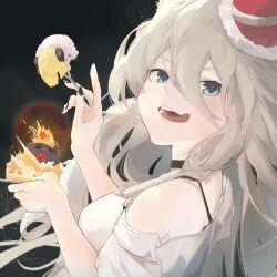  2girls absurdres animal_ears black_choker bra_strap cake cake_slice choker fang food from_side grey_eyes grey_hair hair_between_eyes hat highres hololive lion_ears long_hair long_hair_between_eyes looking_to_the_side loose_clothes loose_shirt messy_hair mini_person minigirl multiple_girls off_shoulder official_alternate_costume official_alternate_hairstyle open_mouth original party_hat red_hat shirt shishiro_botan shishiro_botan_(casual) short_sleeves single_bare_shoulder skin_fang solo_focus ssrb_(shishiro_botan) t-shirt tsunomaki_watame tsunomaki_watame_(1st_costume) upper_body virtual_youtuber white_shirt wool1997 