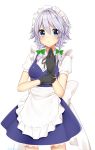  1girl absurdres apron artist_name black_gloves black_neckwear black_ribbon blue_dress blue_eyes blush bow braid breasts commentary_request cowboy_shot dress eyebrows_visible_through_hair frilled_apron frills gloves green_bow hair_between_eyes hair_bow hand_up highres izayoi_sakuya looking_at_viewer maid maid_apron maid_headdress medium_breasts neck_ribbon parted_lips petticoat puffy_short_sleeves puffy_sleeves ribbon shiki_(s1k1xxx) shirt short_hair short_sleeves silver_hair simple_background solo standing touhou twin_braids twitter_username waist_apron white_apron white_background white_shirt wing_collar 