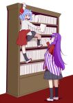  2girls alternate_costume bangs bespectacled black_legwear blue_hair book bookshelf climbing clothes_around_waist commentary_request crescent crescent_hair_ornament eichi_yuu glasses hair_ornament hair_ribbon holding holding_book long_hair long_sleeves looking_down looking_up multiple_girls outstretched_arm patchouli_knowledge plaid plaid_skirt purple_hair red_ribbon remilia_scarlet ribbon shoes short_hair skirt socks standing striped touhou white_footwear 