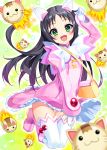  1girl :3 :d absurdres bag black_hair blurry blush boots bucchake_(asami) depth_of_field dress eyebrows_visible_through_hair gloves green_eyes hazuki_kurumi highres kaitou_tenshi_twin_angel legs_up long_hair looking_at_viewer open_mouth outline paw_pose pink_dress pink_footwear sleeves_past_wrists smile solo thigh-highs thigh_gap twin_angel very_long_hair white_gloves white_legwear white_outline 