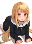  1girl :o bangs blonde_hair blunt_bangs blush breasts brown_eyes cross cross_necklace highres jewelry long_hair long_sleeves looking_at_viewer lying medium_breasts necklace nun on_stomach original parted_lips reinama robe sidelocks simple_background sleeves_past_wrists solo tsurime white_background 