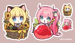  2girls :d animal_ears animal_hands artist_name behind-the-head_headphones black_gloves blonde_hair blue_eyes blush_stickers bow brown_background chibi flower food fruit gloves green_eyes grey_bow hair_between_eyes hair_flower hair_ornament headphones highres in_basket kemonomimi_mode long_hair mechuragi mini_person minigirl multiple_girls outline parted_lips paw_gloves pink_hair seeu side_ponytail simple_background smile strawberry sunflower sunflower_hair_ornament two_side_up uni_(vocaloid) very_long_hair vocaloid white_flower white_outline yellow_flower 