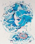  1girl blue_eyes blue_hair flower from_behind highres liquid_hair looking_at_viewer looking_back maruti_bitamin no_mouth original photo shirt short_hair short_sleeves solo traditional_media upper_body water waves 