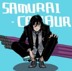 1boy black_hair black_neckwear blue_background blue_eyes character_name facial_hair formal looking_to_the_side male_focus necktie ramune samurai_calibur simple_background solo squatting ssss.gridman stubble suit 