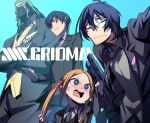  1girl 3boys black_hair blonde_hair blue_background blue_eyes borr cellphone copyright_name crossed_arms facial_hair formal green_hair looking_at_viewer mask max_(ssss.gridman) multiple_boys necktie phone samurai_calibur simple_background smartphone ssss.gridman stubble suit twintails vit 