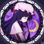  1girl breasts character_name circle closed_eyes commentary_request crescent_moon english eyebrows_visible_through_hair hat hat_ribbon highres light_smile long_hair medium_breasts moon patchouli_knowledge purple purple_hair red_ribbon ribbon rstock_017 signature solo star touhou upper_body very_long_hair 