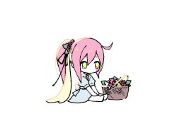  1girl barefoot basket black_ribbon blonde_hair chibi collared_dress dress eyes_visible_through_hair facial_mark flower full_body grey_dress hair_flower hair_ornament hair_ribbon mechuragi multicolored_hair pink_flower pink_hair puffy_short_sleeves puffy_sleeves ribbon short_sleeves simple_background sitting solo star_(symbol) two-tone_hair uni_(vocaloid) vocaloid white_background white_flower yellow_eyes 