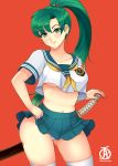  1girl alternate_costume artist_name breasts collarbone contrapposto cowboy_shot cute earrings fire_emblem fire_emblem:_rekka_no_ken green_eyes green_hair hand_on_hilt intelligent_systems jewelry katana long_hair lyn_(fire_emblem) lyndis_(fire_emblem) medium_breasts midriff miniskirt navel nintendo panties pantyshot pantyshot_(standing) parted_lips pleated_skirt ponytail red_background revolverwing sailor_collar scabbard school_uniform serafuku sheath sheathed short_sleeves simple_background skirt smile standing super_smash_bros. sword thigh-highs thighs under_boob underwear weapon white_legwear white_panties 