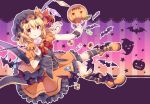  1girl :q absurdres alternate_costume ankle_boots basket bat black_hat black_vest blonde_hair blush boots bow bowtie brooch candy candy_wrapper checkerboard_cookie cookie crystal eyebrows_visible_through_hair flandre_scarlet food frilled_skirt frills full_body ghost gradient gradient_background halloween halloween_basket hat hat_ribbon highres holding holding_basket holding_lollipop huge_filesize jack-o&#039;-lantern jam_cookie jewelry kneehighs knees_together_feet_apart kure~pu licking_lips lollipop looking_at_viewer mob_cap one_side_up orange_footwear orange_shirt orange_skirt outline outstretched_arm pigeon-toed puffy_short_sleeves puffy_sleeves pumpkin red_bow red_eyes red_ribbon ribbon shirt short_hair short_sleeves sitting skirt skirt_set smile solo star starry_background striped striped_background striped_legwear swirl_lollipop thumbprint_cookie tongue tongue_out touhou vertical-striped_background vertical_stripes vest wings wrist_cuffs 