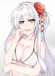  azur_lane bikini blue_eyes blush bow breasts cleavage collarbone hair_bow hand_on_breasts hand_on_head highres long_hair moppy1029 open_mouth shoukaku_(azur_lane) silver_hair simple_background smile solo swimsuit 