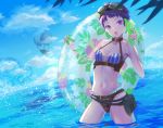  1girl aircraft airship belt blue_sky clouds day gears goggles goggles_on_head highres innertube navel ocean original parted_lips pouch purple_hair rony short_hair sky solo standing steampunk swimsuit violet_eyes water_gun 