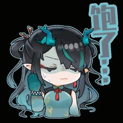  1girl aqua_hair arknights arm_up bare_shoulders beads black_hair chibi chibi_only chinese_commentary chinese_text closed_eyes closed_mouth commentary_request dusk_(arknights) dusk_(everything_is_a_miracle)_(arknights) earrings gradient_hair green_hair jewelry long_hair mixed-language_commentary multicolored_hair mxd_taolifly no_nose official_alternate_costume pointy_ears shaded_face simple_background sleeveless solo sweatdrop tassel tassel_earrings translation_request transparent_background 