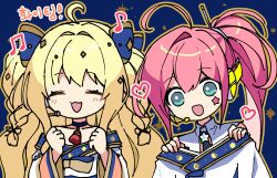  2girls :d ahoge bare_shoulders beamed_eighth_notes blonde_hair blue_background blue_bow blue_choker blush bow braid brown_outline choker clenched_hands eighth_note facial_mark hair_bow hair_intakes hands_up heart highres holding korean_text long_sleeves mechuragi multiple_girls musical_note off_shoulder outline pink_hair ponytail seeu side_ponytail simple_background smile star_(symbol) translation_request twin_braids two_side_up uni_(vocaloid) vocaloid wide_sleeves 