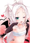  1girl ;p ahoge animal animal_ear_fluff animal_ears ass azur_lane bandage bandages bangs bat black_wings blush brown_gloves cat_ears commentary_request demon_tail demon_wings elbow_gloves eyebrows_visible_through_hair fang fingerless_gloves fingernails flat_chest forehead gloves green_eyes halloween hands_up heart highres kirisame_mia long_hair looking_at_viewer naked_bandage navel one_eye_closed parted_bangs red_background silver_hair sims_(azur_lane) solo tail tail_raised tongue tongue_out two_side_up very_long_hair white_background wings 