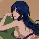  1girl axia-chan bikini_top_removed blue_hair breasts elesia large_breasts long_hair looking_at_viewer lowres red_eyes sandals sideboob solo steepled_fingers tsukihime 