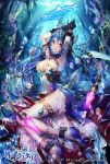  age_of_ishtaria armlet armpits arms_up black_gloves blue_footwear blue_hair breasts chains company_name copyright_name cuffs flower full_body gem gloves highres large_breasts long_hair looking_at_viewer nemusuke official_art restrained shackles thighlet very_long_hair violet_eyes watermark wet 