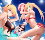  3girls :d ahoge ball beachball bikini black_bikini black_gloves black_hairband blonde_hair blue_eyes blue_sky blush breasts bu_li clouds day fate/grand_order fate_(series) gloves green_eyes hair_between_eyes hairband hands_on_hips highres holding holding_ball jeanne_d&#039;arc_(alter_swimsuit_berserker) jeanne_d&#039;arc_(fate)_(all) jeanne_d&#039;arc_(swimsuit_archer) large_breasts long_hair long_sleeves looking_at_viewer multiple_girls navel nero_claudius_(fate)_(all) nero_claudius_(swimsuit_caster)_(fate) ocean one_eye_closed open_mouth outdoors partially_submerged red_bikini red_legwear side-tie_bikini single_thighhigh sitting sky smile standing striped striped_bikini sun swimsuit thigh-highs twintails water wet white_hair yellow_eyes 