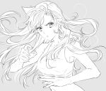  1girl collarbone floating_hair grey_background greyscale long_hair meitantei_conan midriff monochrome mouri_ran parted_lips ro-a simple_background sketch solo sports_bra stance upper_body very_long_hair 