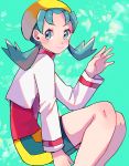  1girl aqua_background blue_eyes blue_hair blush closed_mouth creatures_(company) cropped_jacket crystal_(pokemon) game_freak hand_up hat jacket long_hair long_sleeves nintendo open_clothes open_jacket pokemon pokemon_(game) pokemon_gsc red_shirt ririmon shirt sitting smile solo turtleneck twintails white_jacket yellow_hat 