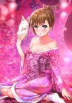  1girl bare_shoulders breasts brown_eyes brown_hair cleavage collarbone floral_background floral_print fox_mask full_body japanese_clothes kimono looking_at_viewer mask mask_removed misaka_mikoto obi pink_background pink_kimono puma_(hyuma1219) sash short_hair sitting small_breasts socks solo tabi tied_hair to_aru_kagaku_no_railgun to_aru_majutsu_no_index twitter_username white_legwear yokozuwari 