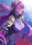  1girl artist_name bangs blush bodysuit breasts circlet commentary_request covered_navel damda eyebrows_visible_through_hair fate/grand_order fate_(series) hair_between_eyes large_breasts long_hair looking_at_viewer pauldrons purple_bodysuit purple_hair red_eyes ruby_(gemstone) scathach_(fate)_(all) scathach_(fate/grand_order) solo taut_bodysuit very_long_hair 