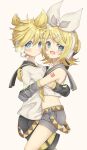  1boy 1girl aqua_eyes arm_tattoo bangs blonde_hair blue_eyes blush bow brother_and_sister commentary_request detached_sleeves from_side hair_between_eyes hair_bow hair_ornament hairclip headphones headset highres hug kagamine_len kagamine_rin leg_warmers looking_at_viewer midriff_peek necktie open_mouth sailor_collar short_hair shorts siblings simple_background smile tattoo treble_clef tsutsuji_(suisai02) twins twintails vocaloid white_background 