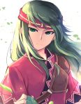  1girl closed_mouth fingerless_gloves fire_emblem fire_emblem:_fuuin_no_tsurugi gloves green_eyes green_gloves green_hair headband highres long_hair muneate nakabayashi_zun nintendo short_sleeves simple_background solo sue_(fire_emblem) white_background 