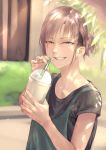  1girl apron black_shirt blurry blurry_background brown_hair cup day drink drinking_straw ear_piercing freckles grey_eyes highres holding holding_cup kilye_4421 original outdoors piercing shirt short_hair smile solo standing t-shirt upper_body 