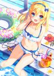  1girl :d blonde_hair blue_eyes blush breasts bucchake_(asami) collarbone cross cross_necklace drink drinking_straw eyebrows_visible_through_hair flower frilled_swimsuit frills from_above hair_between_eyes innertube jewelry jewelry_removed long_hair looking_at_viewer navel necklace necklace_removed ootomo_sourin_(sengoku_otome) open_mouth sengoku_otome sitting small_breasts smile soaking_feet solo sparkle swimsuit water 