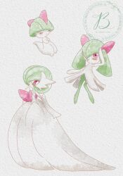  baya_(sakura_mint) blush bob_cut bowl_cut dress elbow_gloves gardevoir gloves green_hair hair_over_eyes hair_over_one_eye highres horns kirlia mega_gardevoir mega_pokemon pink_eyes pokemon pokemon_(creature) ralts sidelocks simple_background watermark white_dress white_gloves 