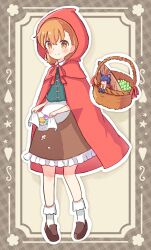  2girls animal_costume apron baguette basket big_bad_wolf big_bad_wolf_(cosplay) bread brown_eyes brown_hair brown_skirt cape cosplay food frilled_skirt frills fruit grapes green_shirt highres hood hood_up hooded_cape little_red_riding_hood little_red_riding_hood_(grimm) little_red_riding_hood_(grimm)_(cosplay) mini_person minigirl misaka_mikoto multiple_girls red_hood shirai_kuroko shirt short_hair skirt toaru_kagaku_no_railgun toaru_majutsu_no_index uisuke waist_apron white_apron wolf_costume 