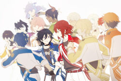  6+boys :d animal_ears antenna_hair aqua_hair aragami_oga arurandeisu astel_leda asymmetrical_bangs belt black_choker black_gloves black_hair black_nails black_shirt blonde_hair blue_belt blue_hair blue_jacket blurry bracelet choker closed_mouth collarbone commentary cowboy_shot crew_neck cropped_jacket curtained_hair dark-skinned_male dark_skin demon_horns depth_of_field ear_piercing earrings everyone eye_contact eyepatch facing_away flower glasses gloves grabbing_another's_arm green_jacket grey_hair hair_between_eyes hair_flower hair_ornament hair_over_one_eye hairclip half_updo hanasaki_miyabi highres hitodama hizaki_gamma holostars holostars_idol_uniform_(movin_on) horns idol_clothes jackal_boy jackal_ears jacket jewelry kageyama_shien kanade_izuru kishido_temma lapel_pin lapels lightning_bolt_hair_ornament lightning_bolt_symbol long_hair long_sleeves looking_at_another looking_to_the_side male_focus medium_hair minase_rio mono_(bluesky) multicolored_clothes multicolored_hair multicolored_jacket multiple_boys necklace no_eyes notched_lapels open_clothes open_jacket open_mouth orange_belt orange_hair orange_jacket outstretched_arm pants piercing pink_hair pointing print_shirt purple_hair purple_jacket red_hair rikka_(holostars) running sash shirt shirt_tucked_in short_hair shoulder_sash side_part simple_background single_glove single_horn smile streaked_hair symbol-only_commentary two-tone_hair two-tone_jacket upper_body utsugi_uyu violet_eyes virtual_youtuber white_background white_hair white_jacket white_pants yatogami_fuma yellow_belt yellow_eyes yellow_jacket yukoku_roberu 