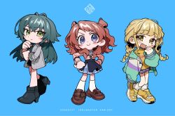  3girls antenna_hair blonde_hair blue_background blush braid brown_hair coat dated fang fujita_kotone full_body gakuen_idolmaster green_hair grey_coat hair_flaps hanami_saki hashtag-only_commentary hatsuboshi_gakuen_school_uniform highres idolmaster jacket long_hair looking_at_viewer multicolored_clothes multicolored_jacket multiple_girls school_uniform simple_background skin_fang smile tsukimura_temari twin_braids two_side_up yarawi 