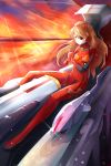  1girl absurdres blue_eyes bodysuit breasts brown_hair clouds covered_navel csc00014 eyepatch floating_hair full_body headpiece highres long_hair neon_genesis_evangelion plugsuit red_bodysuit sitting small_breasts solo souryuu_asuka_langley sunlight 