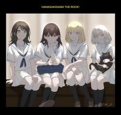  4girls bag bang_dream! bang_dream!_it's_mygo!!!!! black_hair black_socks blonde_hair blue_bag blue_eyes blue_neckerchief bocchi_the_rock! brand_name_imitation brown_footwear cat chinese_commentary closed_mouth collarbone commentary_request hair_between_eyes heterochromia highres kaname_raana kneehighs long_hair medium_hair misumi_uika mole mole_under_eye multiple_girls neckerchief pleated_skirt raana_the_cat sailor_collar school_uniform serafuku shiina_taki shirt short_hair short_sleeves shoulder_bag sitting skirt socks violet_eyes white_hair white_sailor_collar white_serafuku white_shirt white_skirt yahata_umiri yellow_eyes zih_ii 