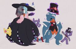  absurdres alternate_color black_dress black_gloves black_hat black_vest blue_hair blue_skin bob_cut bow claws clothed_pokemon colored_skin dragon dress elbow_gloves flower gabite gardevoir gloves grey_background hair_over_one_eye hat highres litwick mega_gardevoir mega_pokemon multicolored_skin pokemon pokemon_(creature) psychic purple_skin sableye shiny_pokemon simple_background smile sweat tail tail_bow tail_ornament top_hat vest yellow_skin zakkurz 