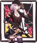  1girl breasts cleavage dog_tags earpiece echj german_flag girls_frontline gloves gun hair_ornament hairclip highres holster jacket kriss_vector mask mask_on_head open_clothes open_jacket shorts solo submachine_gun tank_top thigh-highs vector_(girls_frontline) weapon 