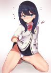  1girl black_hair blue_eyes blush bow bowtie cardigan closed_mouth commentary_request heart highres kneeling legs long_sleeves looking_at_viewer muoto panties red_neckwear shirt short_hair smile solo ssss.gridman takarada_rikka thighs underwear white_cardigan white_panties white_shirt 