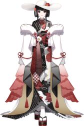  1girl black_eyes black_hair black_kimono bond_en bondlive flower frilled_kimono frills fur_trim hair_flower hair_ornament hat hat_flower japanese_clothes kimono lips looking_at_viewer medium_hair multicolored_clothes multicolored_kimono official_art print_kimono red_flower red_kimono red_lips reina_sinclair sannai_irito sidelocks solo tachi-e transparent_background virtual_youtuber white_hat white_kimono 