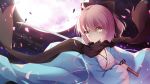  1girl ahoge black_bow black_scarf blonde_hair bow breasts cherry_blossoms cleavage eyebrows_visible_through_hair fate/grand_order fate_(series) hair_between_eyes hair_bow haori highres holding holding_sword holding_weapon japanese_clothes katana kimono looking_at_viewer medium_breasts moon okita_souji_(fate) okita_souji_(fate)_(all) poinia ponytail scarf short_hair solo sword upper_body weapon white_kimono yellow_eyes 