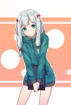  1girl aqua_sweater blue_eyes bow contrapposto eromanga_sensei hair_bow highres holding holding_pen izumi_sagiri long_hair looking_at_viewer mo_(pixiv9929995) naked_sweater pen red_bow shiny shiny_hair silver_hair solo standing sweater 