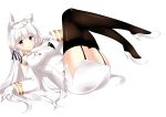  1girl absurdres alternate_costume animal_ears atago_(azur_lane) azur_lane bangs blue_eyes blush breasts cat_ears gloves highres illustrious_(azur_lane) large_breasts long_hair looking_at_viewer lying mamizu on_back simple_background solo thigh-highs thighs uniform white_gloves white_hair 