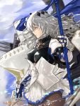  1girl armor azur_lane bangs blue_sky breastplate breasts brown_legwear cannon closed_mouth clouds commentary_request corset dated fleur_de_lis floating_hair from_side gauntlets gloves grey_hair hair_between_eyes hair_ornament highres holding holding_polearm holding_weapon kdm_(ke_dama) large_breasts long_hair looking_afar machinery miniskirt mole mole_under_eye outdoors pantyhose pleated_skirt polearm red_eyes rigging saint-louis_(azur_lane) sidelocks signature skirt sky solo turret weapon white_skirt wind 
