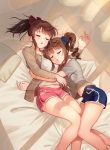  2girls bangs bare_legs bed_sheet belly_peek blue_shorts blunt_bangs blush bow boyshorts breasts brown_jacket closed_eyes commentary day english_commentary eyebrows_visible_through_hair feet_out_of_frame grey_shirt hair_bow hair_ornament hair_scrunchie hug idolmaster idolmaster_million_live! jacket kamille_(vcx68) lens_flare long_hair long_sleeves lying medium_breasts multiple_girls navel on_back on_bed on_side open_clothes open_jacket open_mouth pillow pink_shorts ponytail red_bow satake_minako scrunchie shirt short_sleeves shorts side_ponytail side_slit sidelocks sparkle sunlight swept_bangs white_shirt yokoyama_nao 
