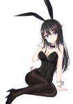  1girl absurdres animal_ears black_footwear black_hair black_legwear black_leotard black_neckwear blue_eyes bow bowtie breasts bunny_girl bunny_tail bunnysuit cleavage covered_navel detached_collar full_body high_heels highres index_finger_raised large_breasts leotard long_hair looking_at_viewer maomao_zaici pantyhose rabbit_ears sakurajima_mai seishun_buta_yarou simple_background sitting smile solo strapless strapless_leotard tail white_background wrist_cuffs yokozuwari 
